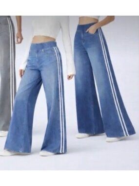 Halara Wide-Leg Denim Pants With Side Stripes High Waist Blue Wash Size M